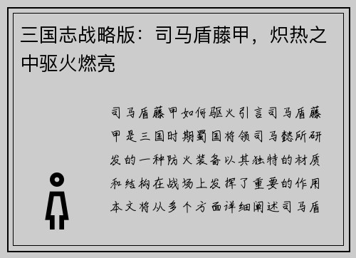 三国志战略版：司马盾藤甲，炽热之中驱火燃亮
